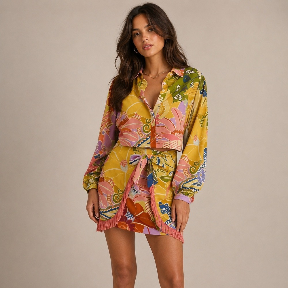 NWT Farm Rio Anthropologie Tropical Animal Fringe Tie Front Mini Dress XS Petite